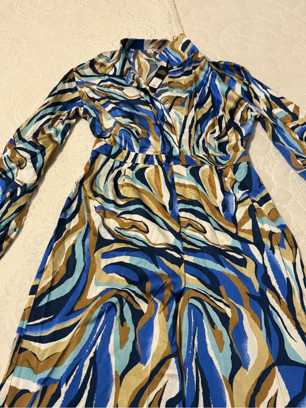 Fashion Nova Blue & Tan Abstract Print Jumpsuit